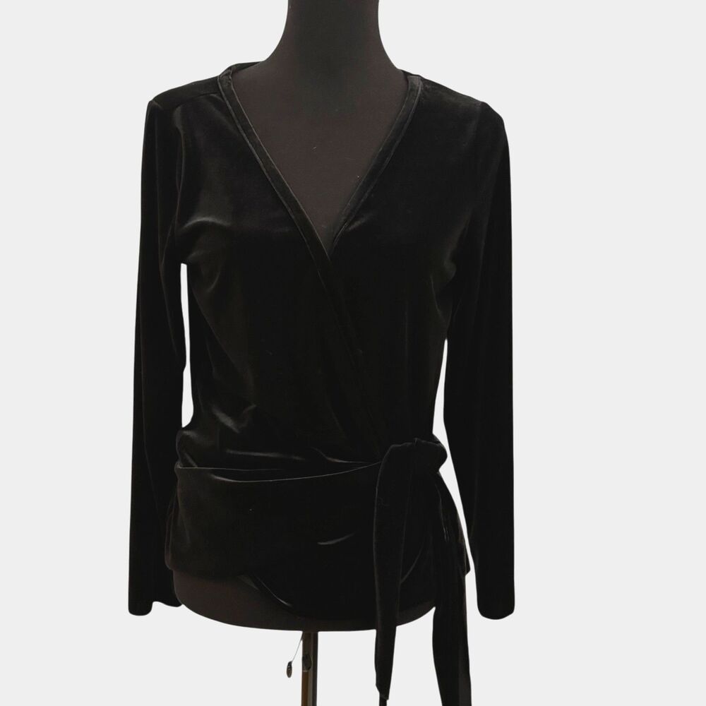 J. Jill Black Velvet Holiday Stretchy Wrap Long Sleeve V-Neck Blouse Size M